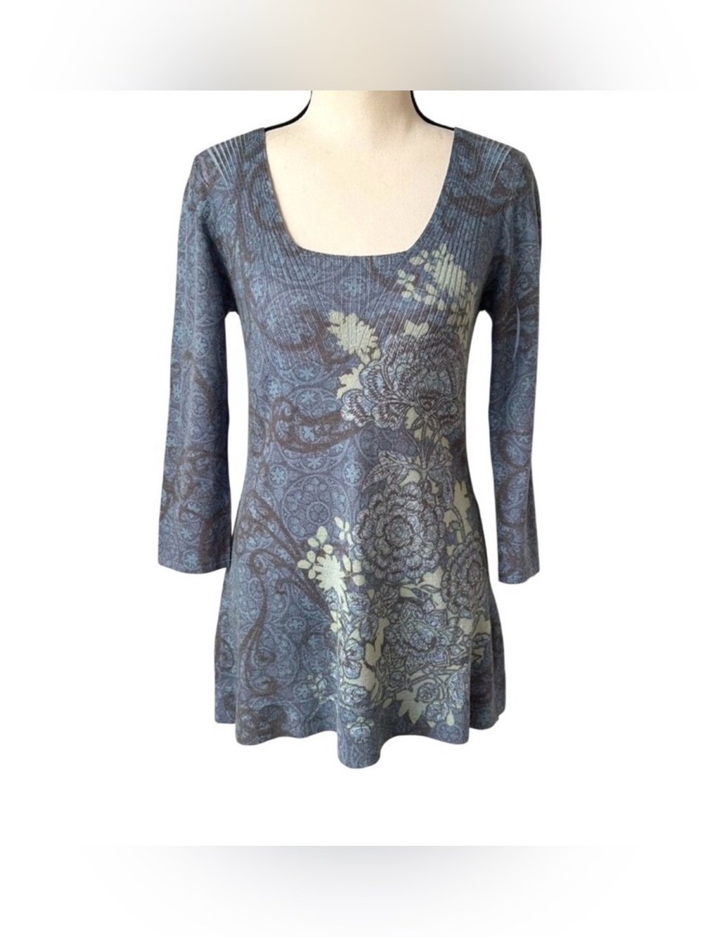 ONE WORLD Square Neck Babydoll Top Y2K‎ Fairy Blue Whimsy Paisley Burnout Print